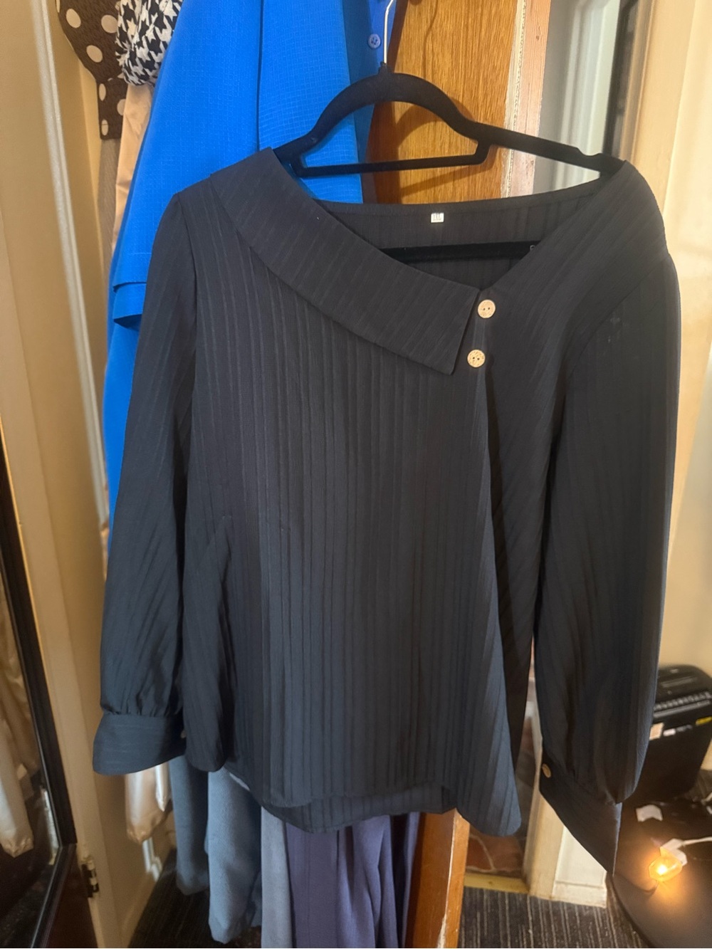 Black Pleated Asymmetrical Collar Blouse with Button Detail